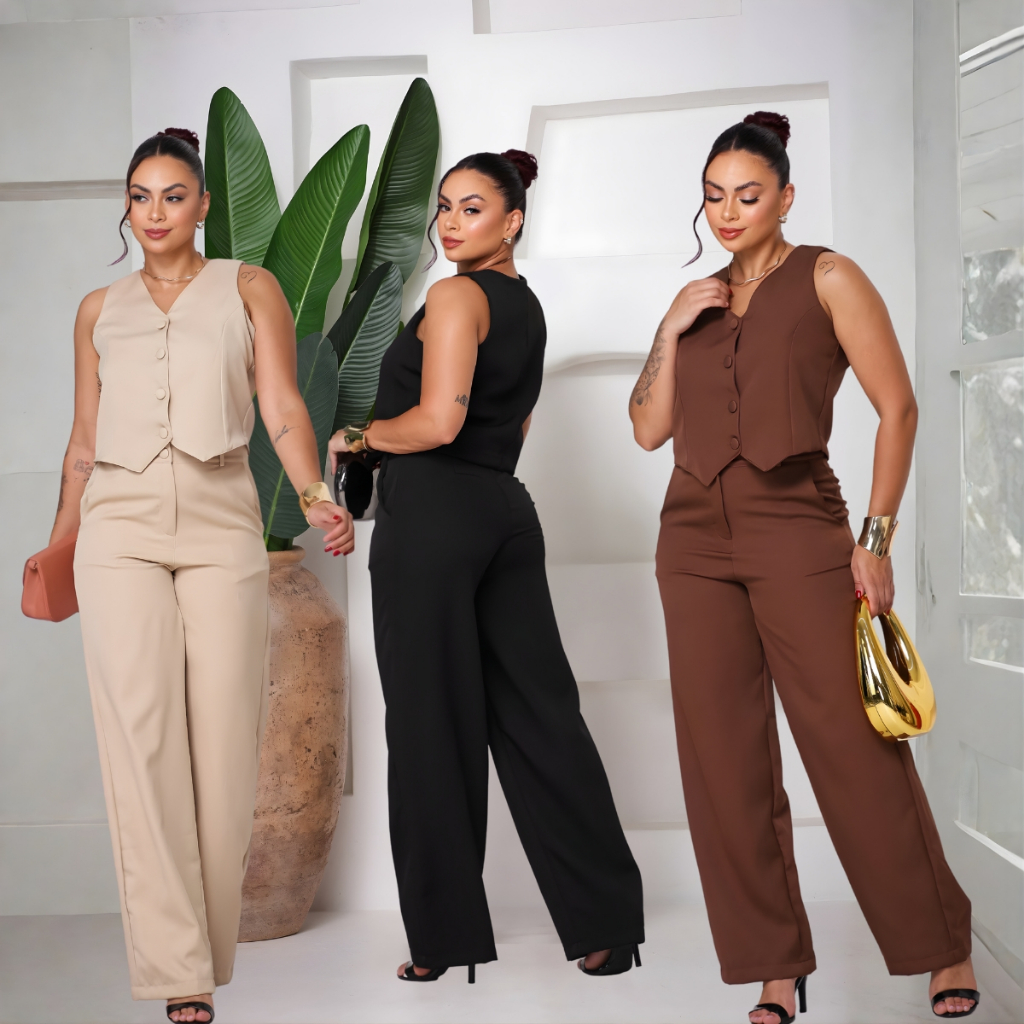 Conjunto de Alfaiataria Calça Pantalona e Colete Social Moda Elegante Social Tecido Premium em Oferta na Shopee