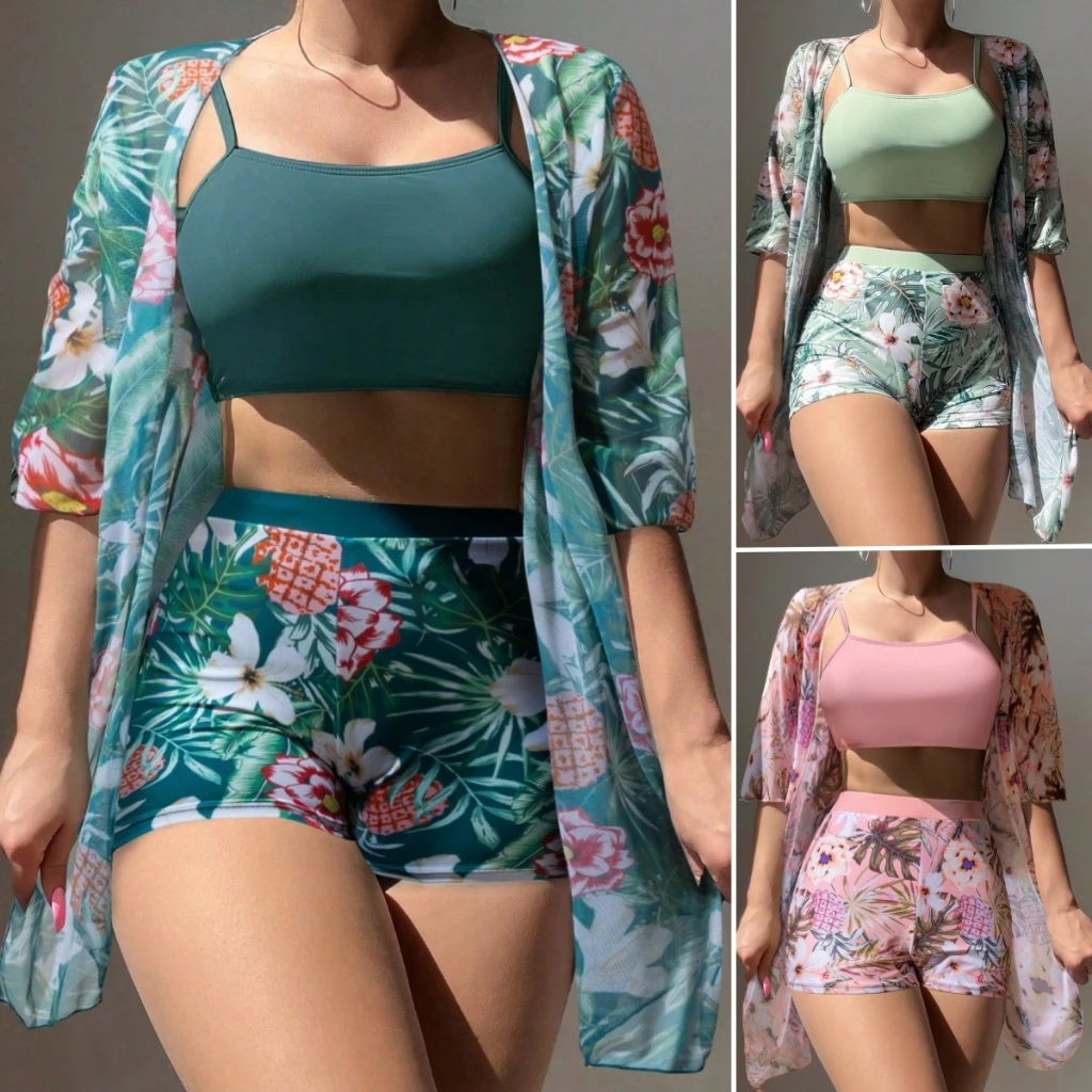 Conjunto De Maiô Biquínie Feminino Cordão Estampa Com Praia Kimono Três Peças Bikini Sets