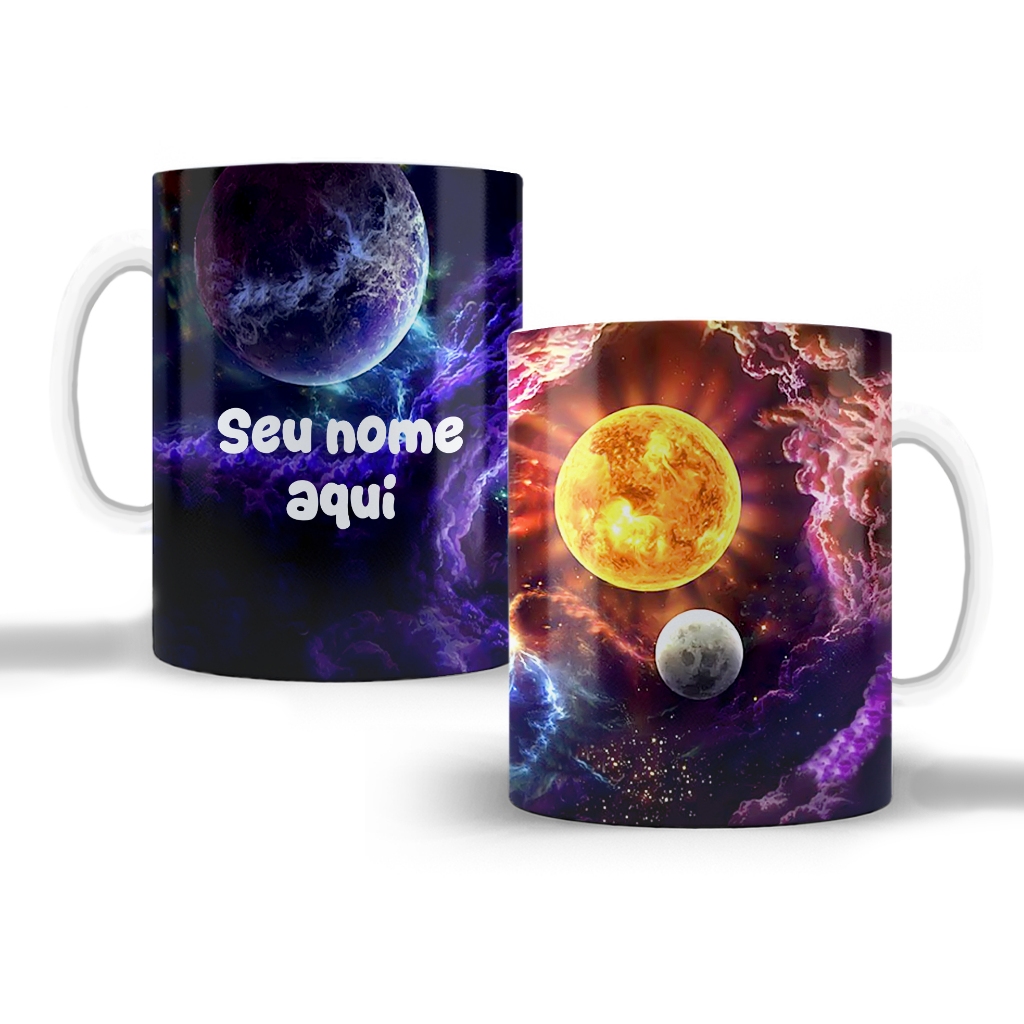 Caneca universo sol xicara planetas astronomia personalizada nebulosa geek telescópio