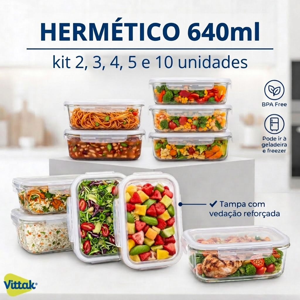 Vittak Kit 2, 3, 4, 5 e 10 Potes De Vidro 640ml Hermético Retangular Marmita Fit Com Tampa 4 Travas