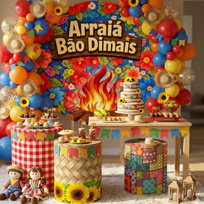 Kit Festivo Painel 1,5 + Cilindros Tema Arraiá Decoração Festa Junina Capas Sublimadas Bibi Painéis