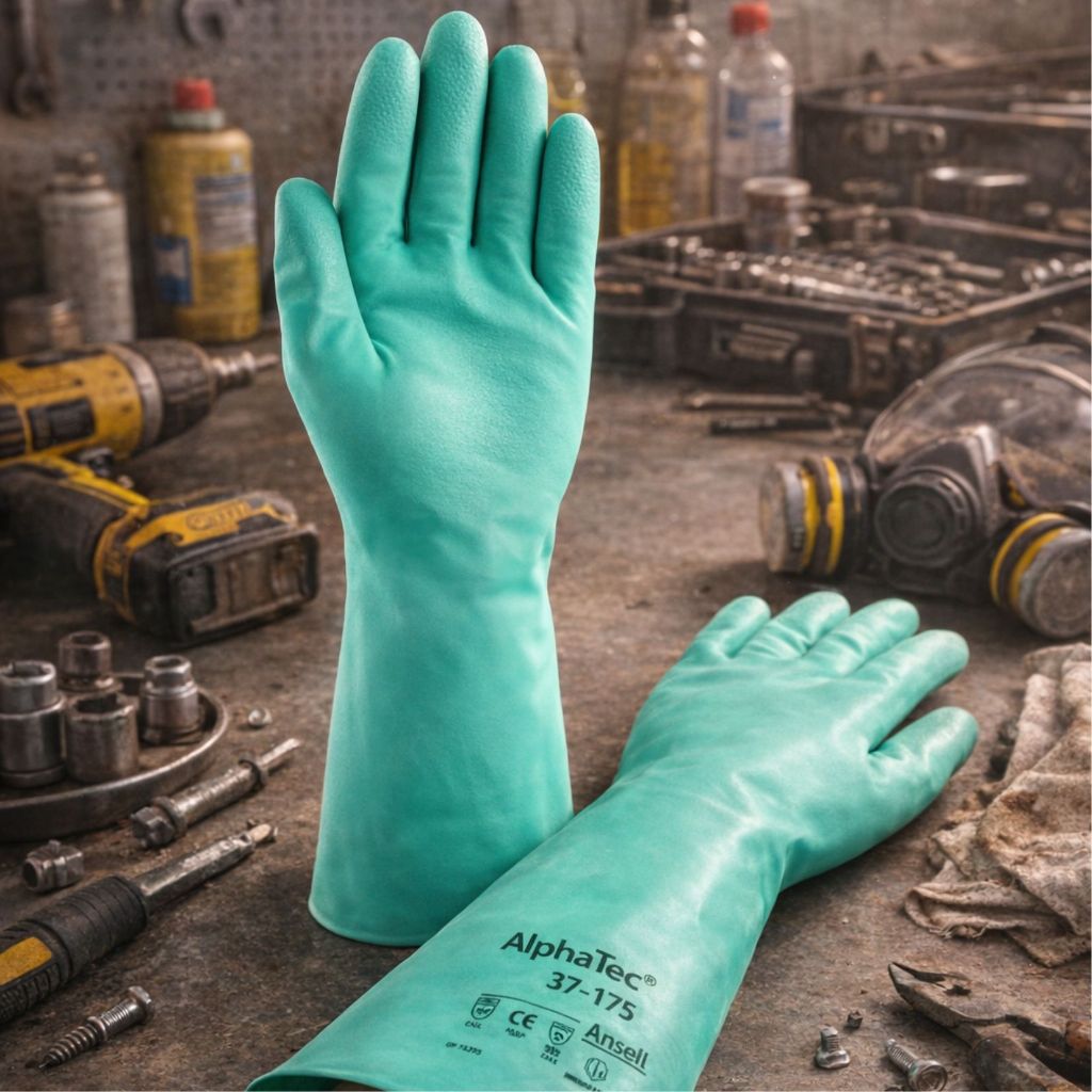 Luva Nitrílica Longa Verde 33cm Ansell 37-175 Solvex Borracha Flocos de Algodão Antiderrapante Alta Resistência