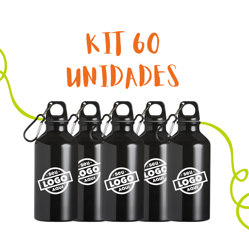 KIT COM 60 Garrafas Mosquetão Squeeze Alumínio 420ml Personalizada em Laser– Tampa Mosquetão | Produto Não Térmico