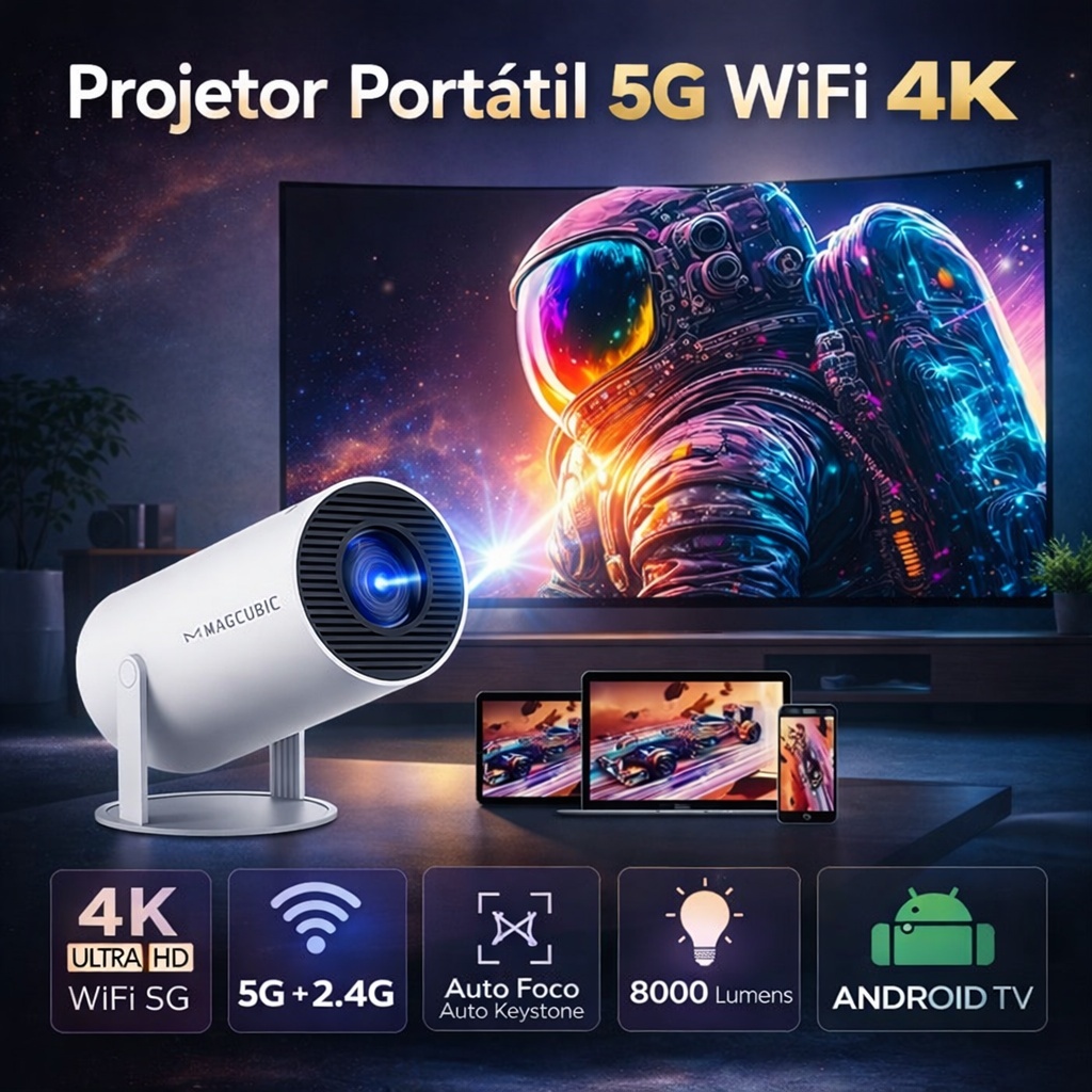 Projetor Portátil 4K Full HD WiFi 6 5G Android 11 BT 5.0 8000 Lumens LED Cinema