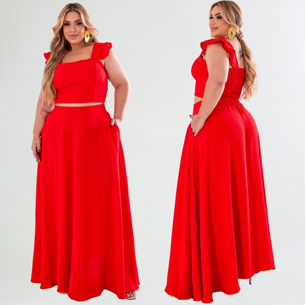 Conjunto  Godê Cropped Saia Fluía Longo Plus Size Moda Maior Feminina Confortável  Casual estação primavera Verão outono
