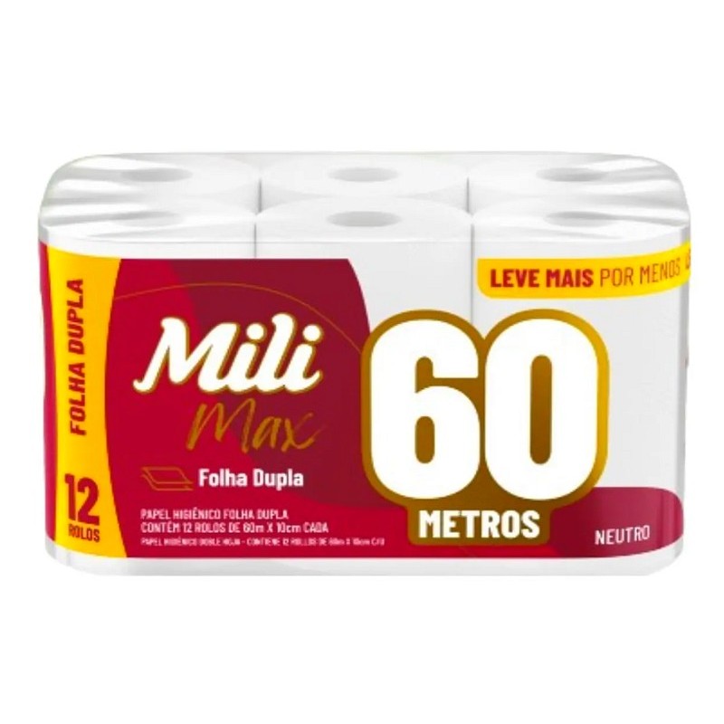 Papel Higiênico Mili Max 60m Folha Dupla 12 Rolos Neutro