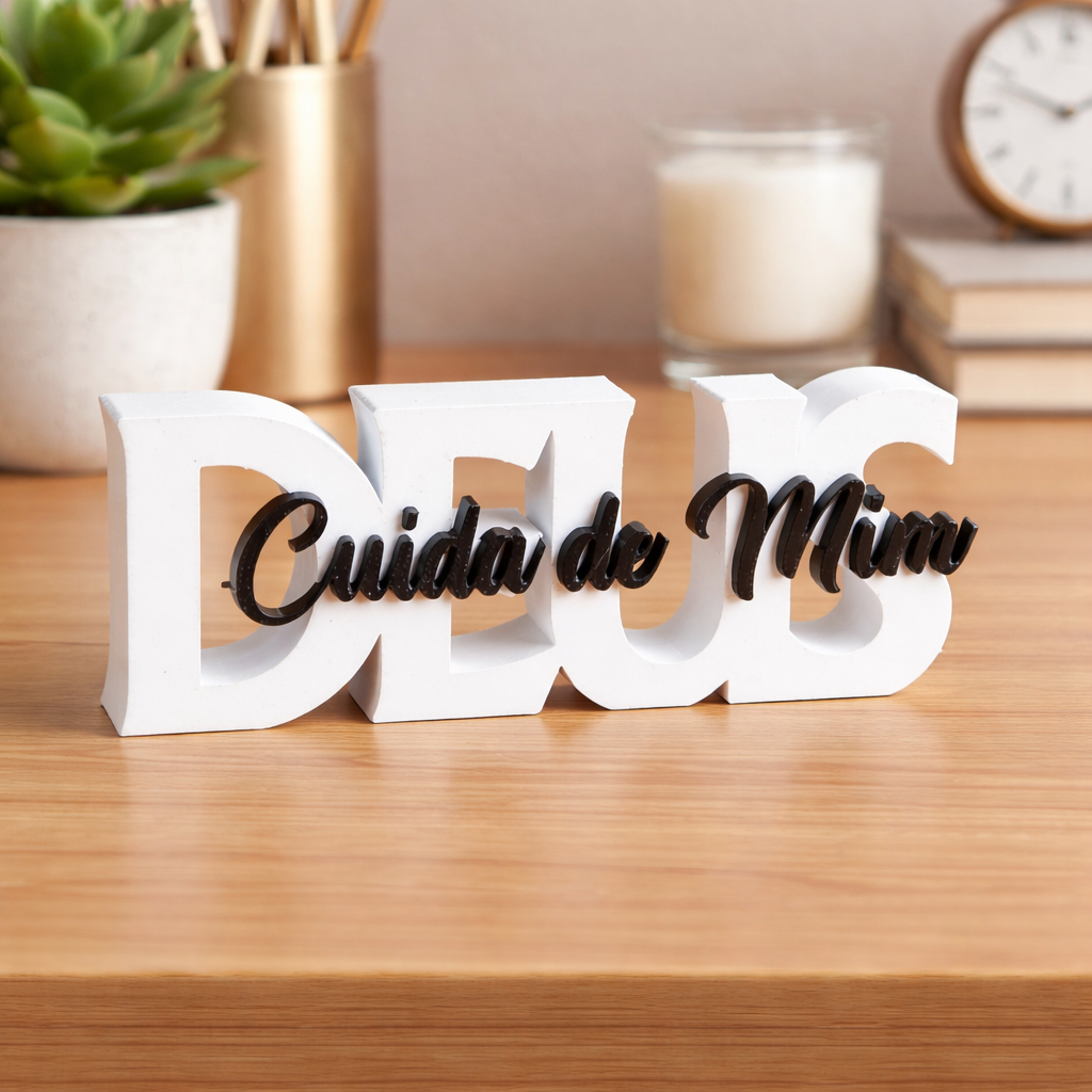 Escultura de Mesa Evangélica "Deus Cuida de Mim" | Letreiro Bíblico Decorativo Enfeite de Mesa versículo Escultura 3D