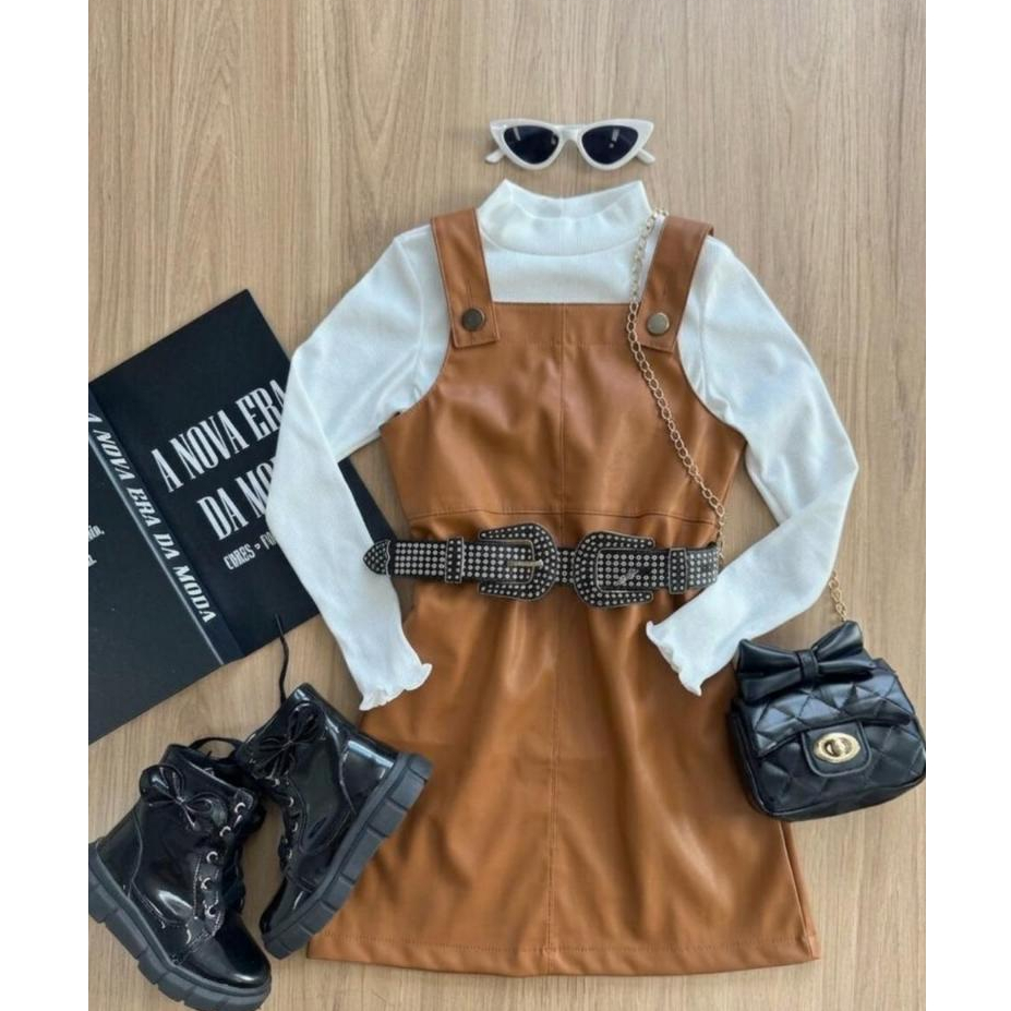 Jardineira De Couro Infantil + Blusa Canelado Para Meninas Estilo Festas Junina