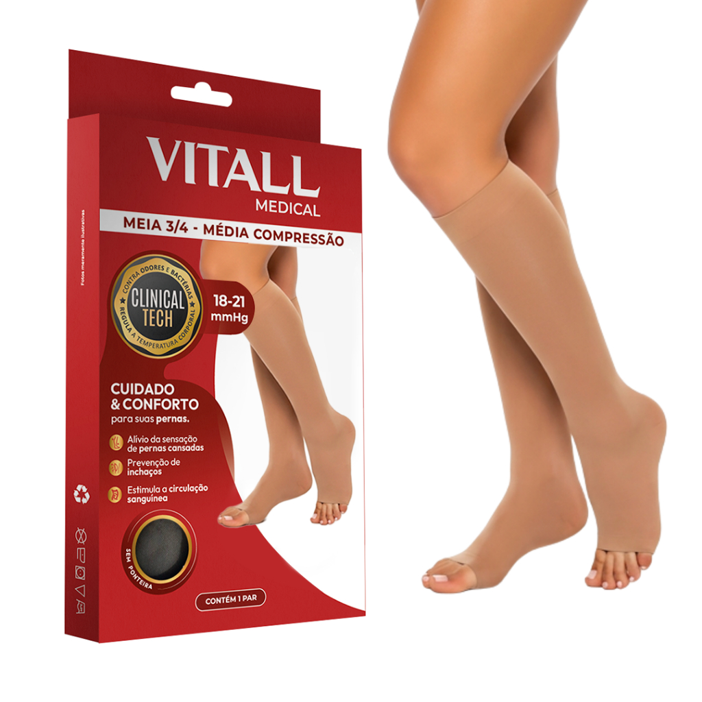 Meia 3/4 Vitall Medical Média Compressão 18-21 mmHg Sem Ponteira Feminina
