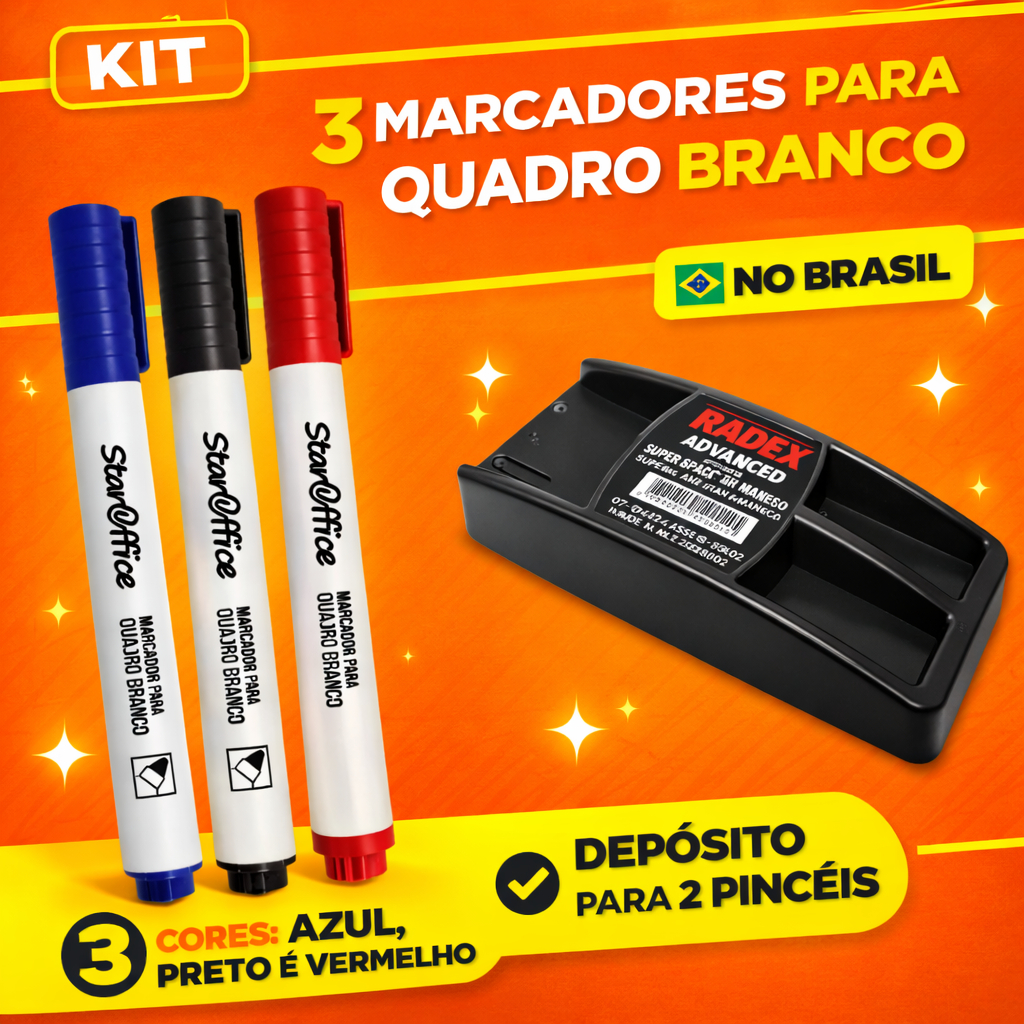 Kit 3 Canetas Marcador Para Quadro Branco StarOffice e Apagador Radex Com Depósito Para 2 Pinceis