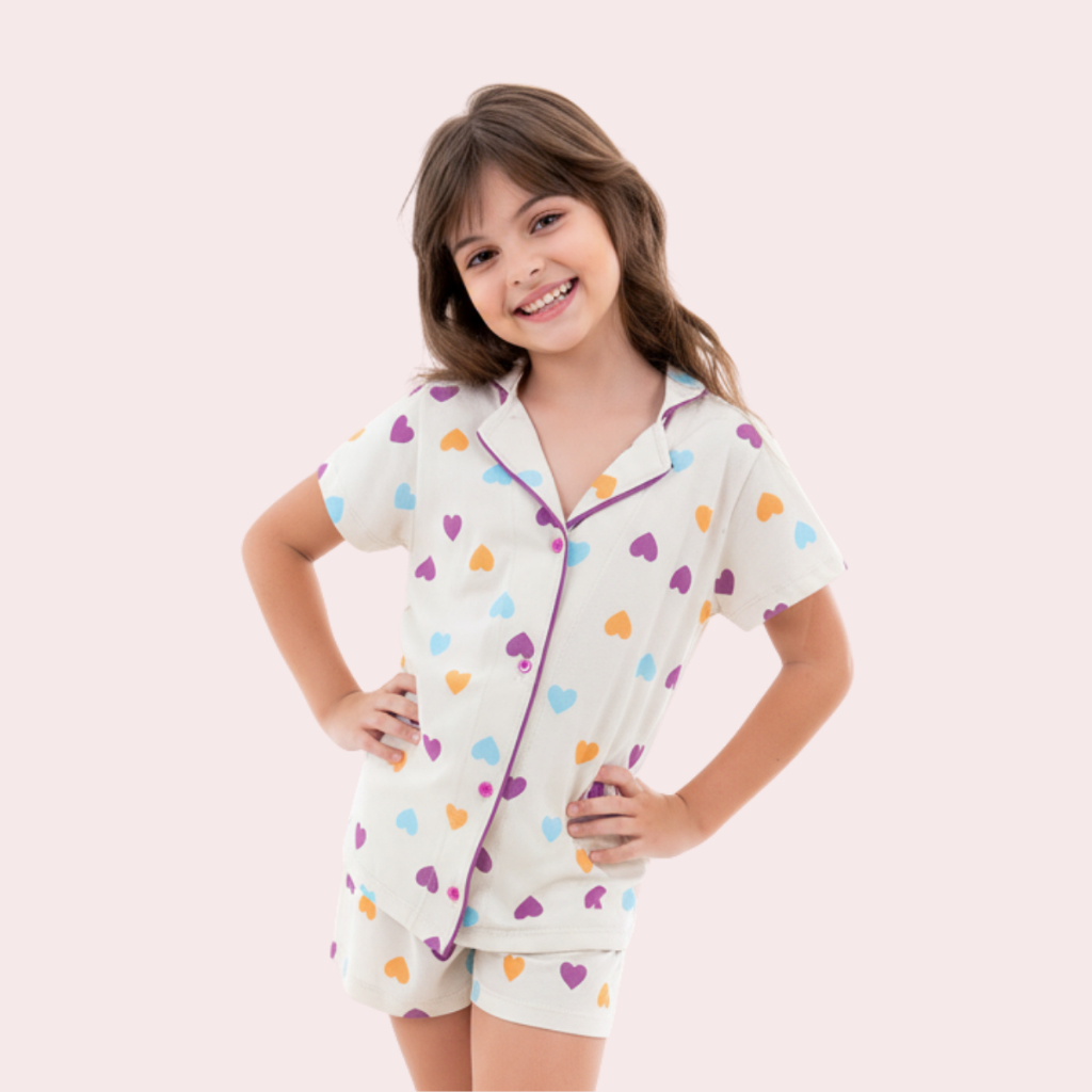 Pijama Infantil Feminino Americano Curto com Botões Conjunto Short Verão Estampado Menina