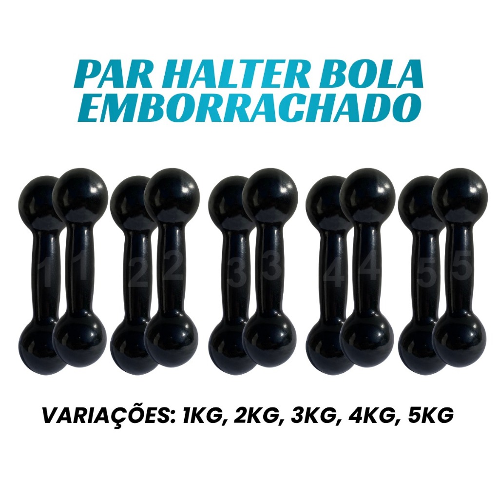 Par de Halter Emborrachado 1kg a 5kg Bola - Peso de Academia Musculação Pesinho Treino Em Casa Func