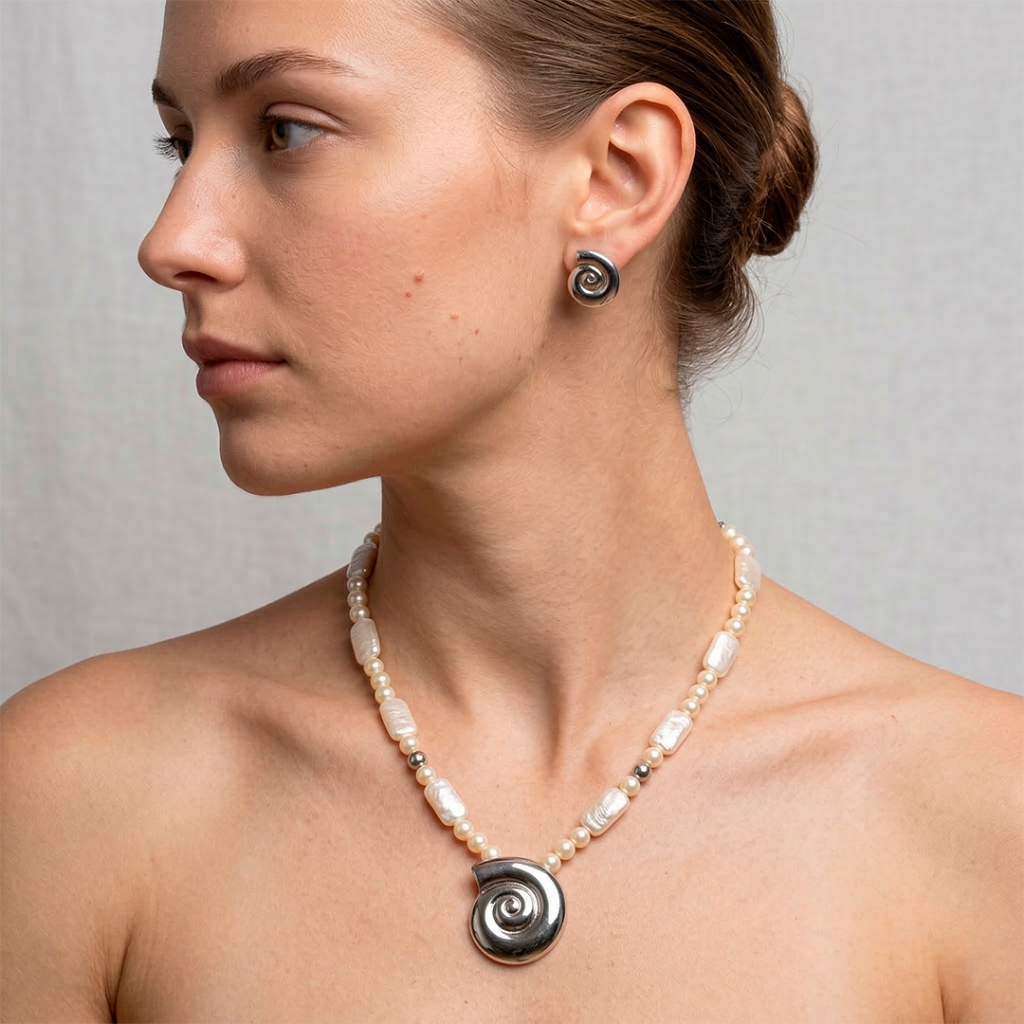 Conjunto Caramujo Liso e Pérolas Colar e Brincos Banhado a Ródio Branco Feminino Semi Joias