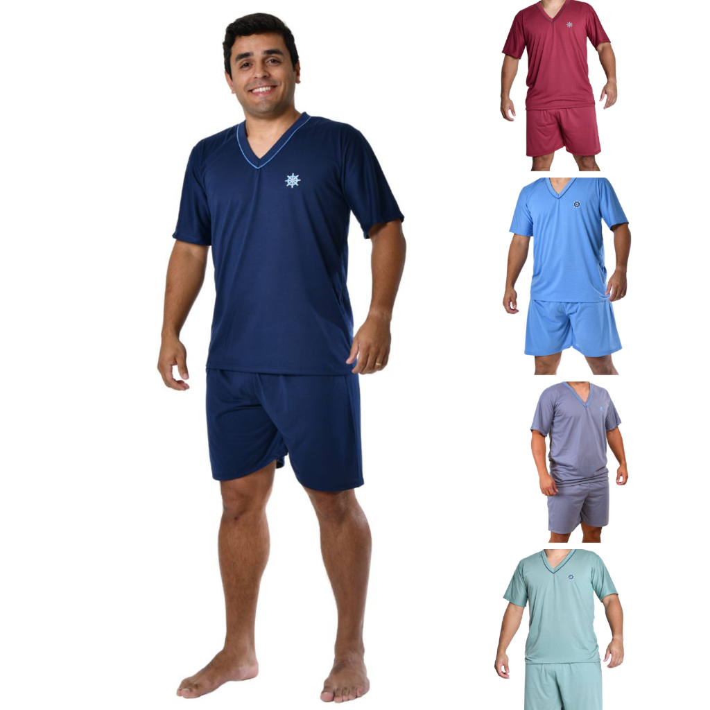Pijama Masculino Verão Adulto Blusa e Short Liso Manga Curta Malha Premium Promoção