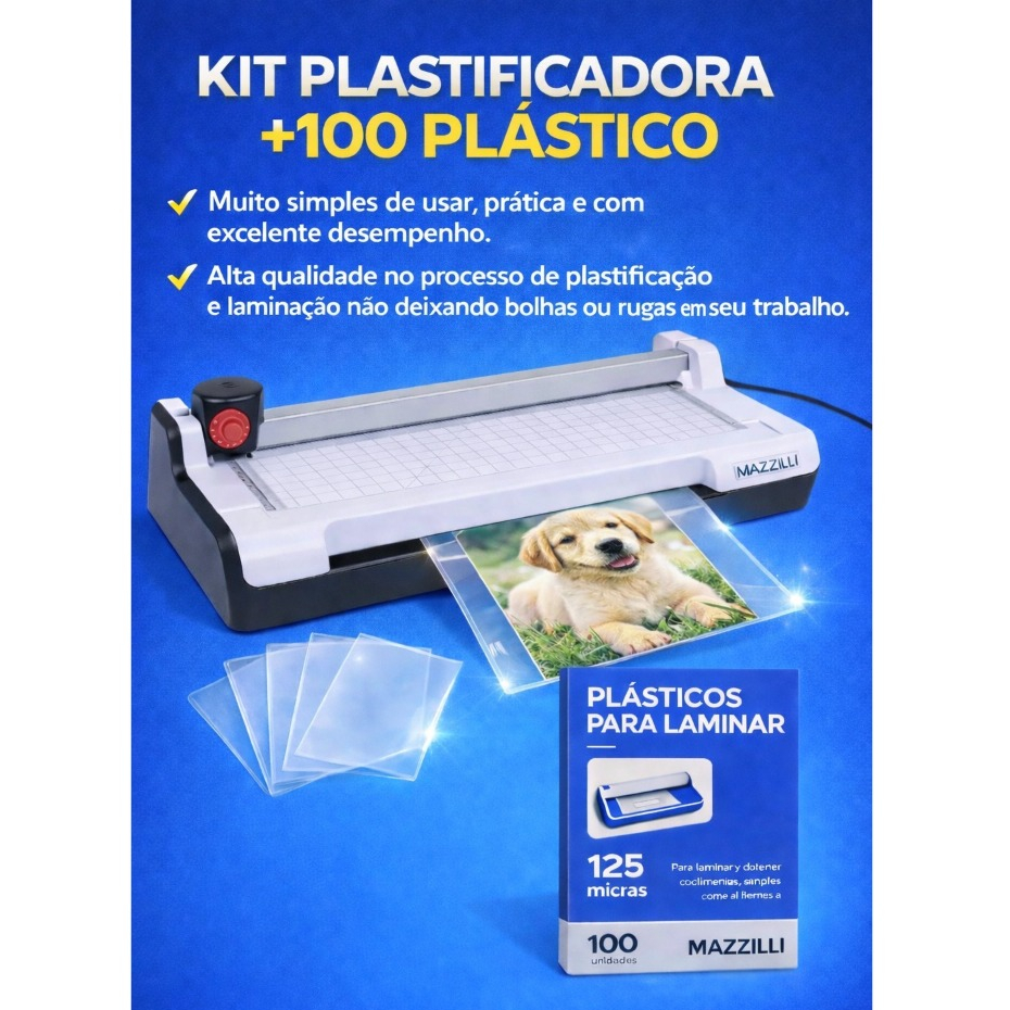 Kit Plastificadora Refiladora 3x1 A4 Laminadora + 100 Plástico Para Plastificar Alto Brilho KP08 em Oferta na Shopee