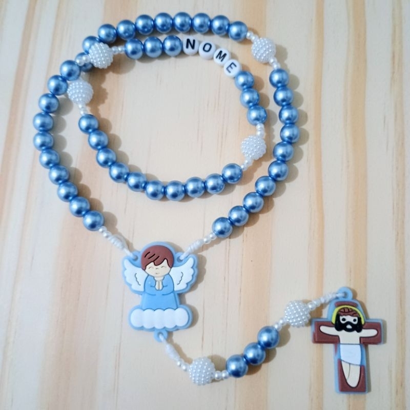 Terço Infantil Católico Azul com Anjo e Cruz Emborrachada – Batizado, Lembrancinha, Presente