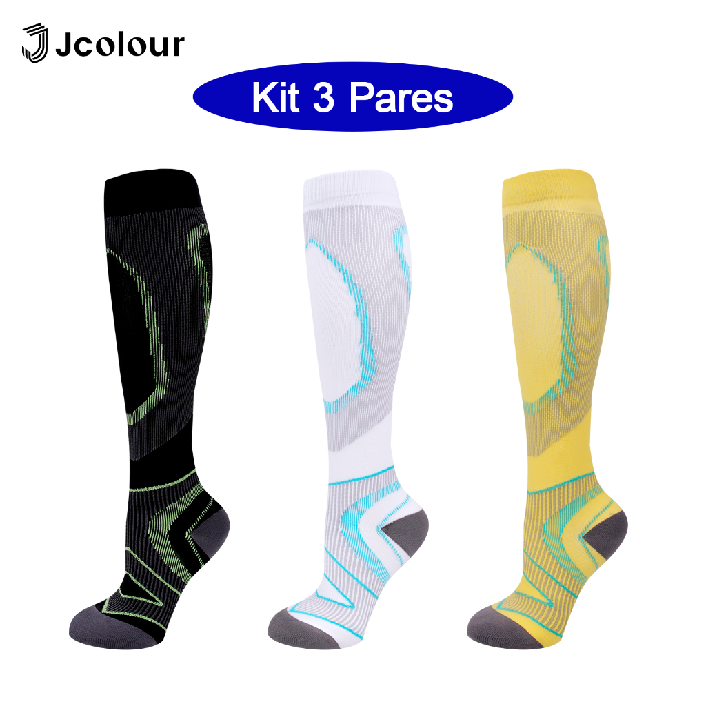 Jcolour Kit 3 Pares Meias De Compressão Homens Mulheres Correndo Ciclismo Esportivas Joelho Alta em Oferta na Shopee