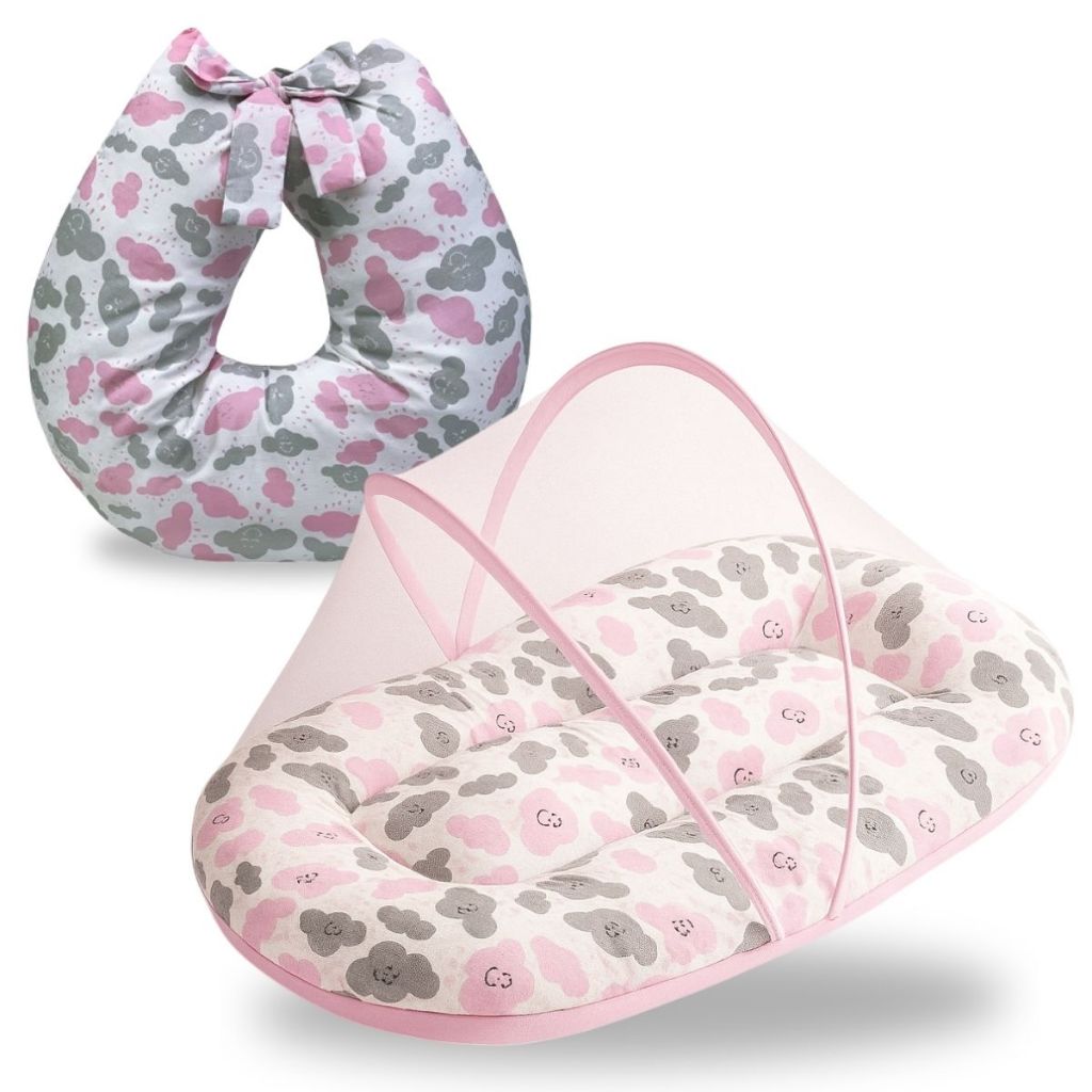 Berço Portátil Ninho Redutor com Almofada Amamentação 2 Peças Enxoval Quarto Bebê Menina Nuvem Rosa
