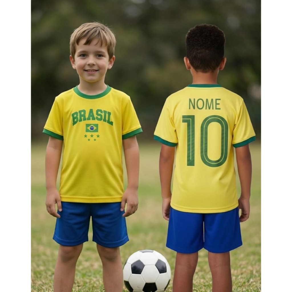 Conjunto Camiseta e Shorts Infantil Juvenil Amarelo Brasil Personaliza Nome Patriota