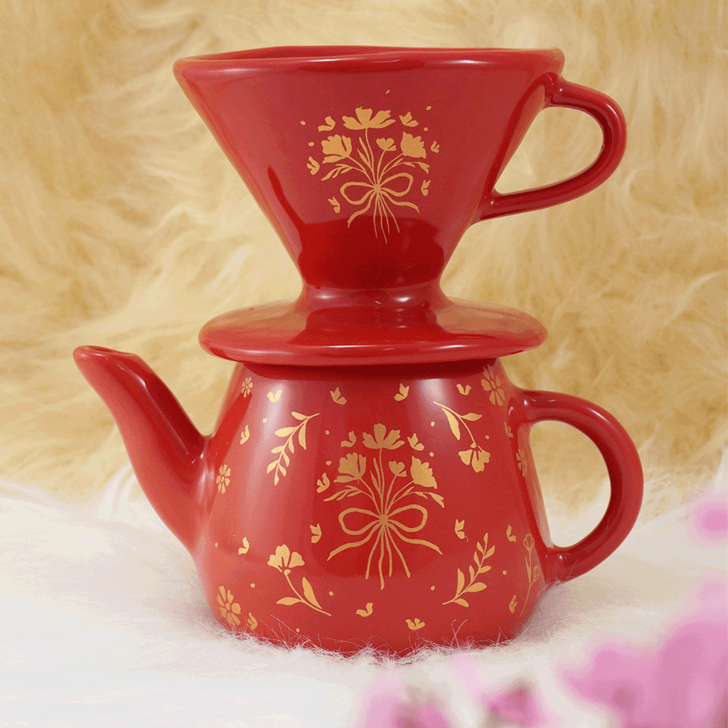 Kit Bule com Coador Filtro de Porcelana  Café Chá  – Vermelho Floral Laço Dourado