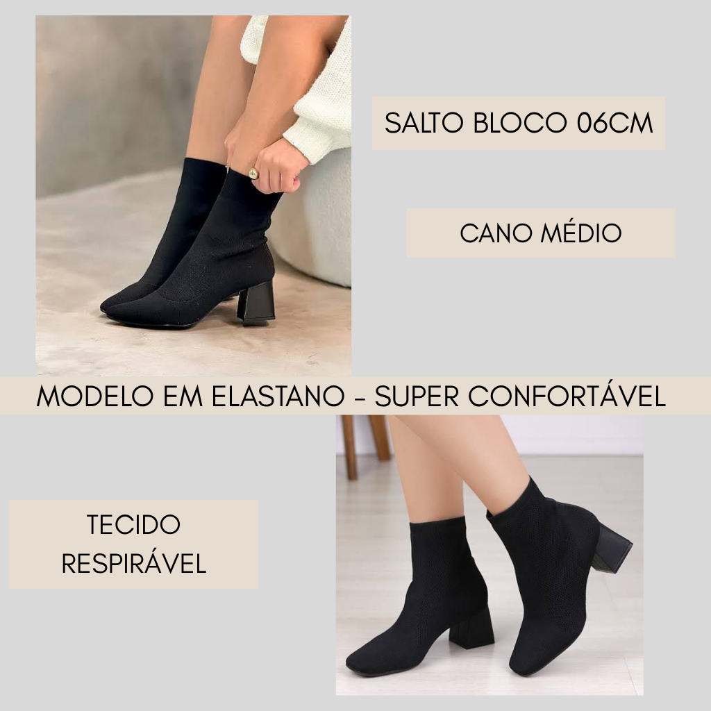BOTA CANO MEDIO TECIDO ELASTANO MEIA SALTO BLOCO CALCE FACIL BICO QUADRADO BEBECÊ