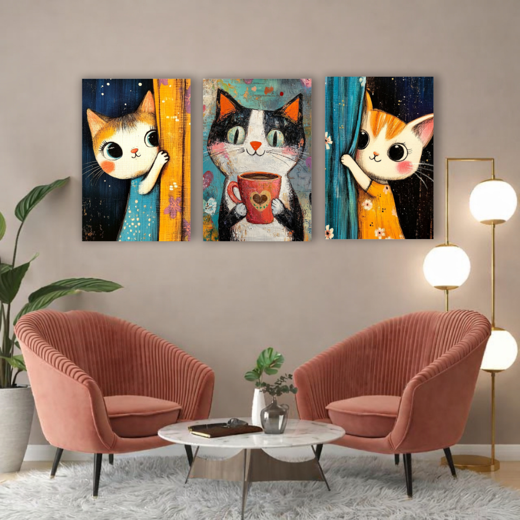 Quadro decorativo 3 peças gatos gatinhos fofos animais decoração sala quarto pet shop