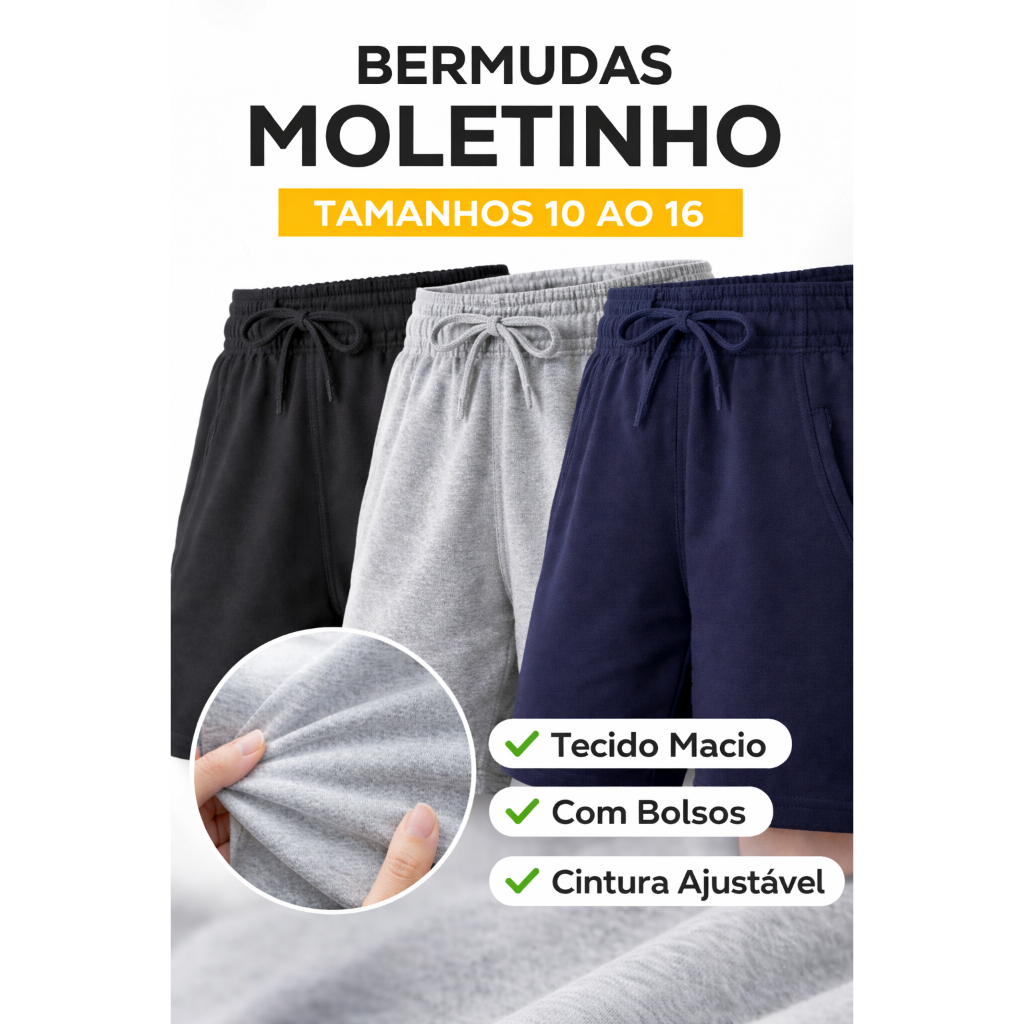 Kit 3 Shorts Menino Moletinho Tamanho 10 ao 16 Juvenil Bermuda Conforto Masculino Treino Inverno