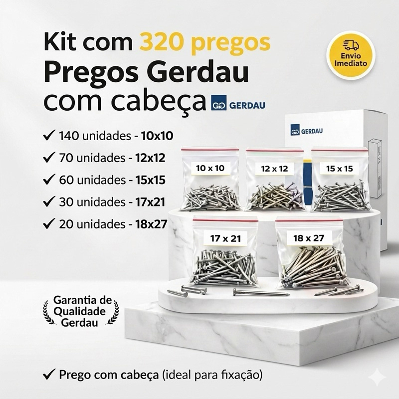 Kit 320 Pregos Polido Linha Profissional Gerdau - 5 Medidas