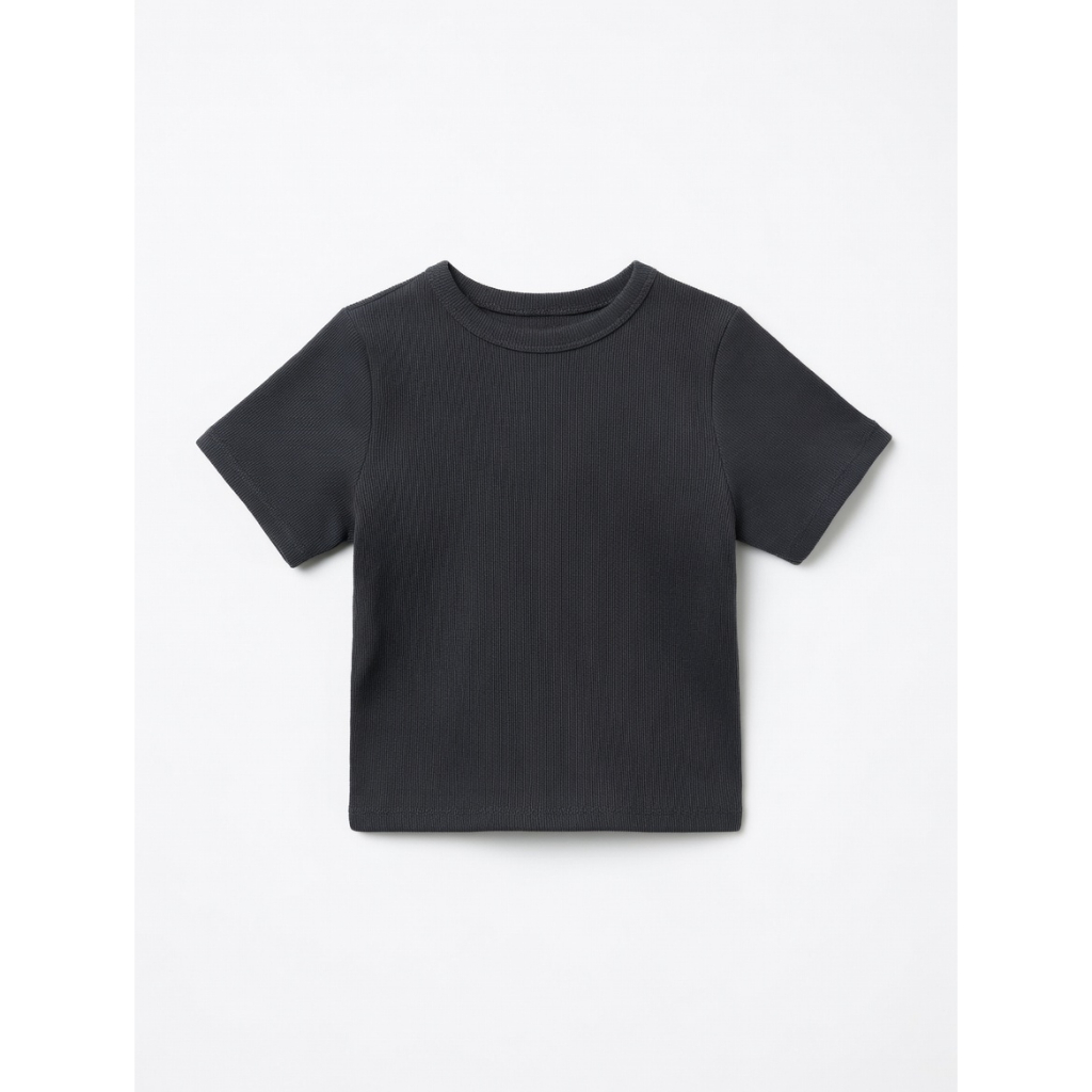 Cropped Básico Canelado Feminino Manga Curta Gola Redonda Casual Preto
