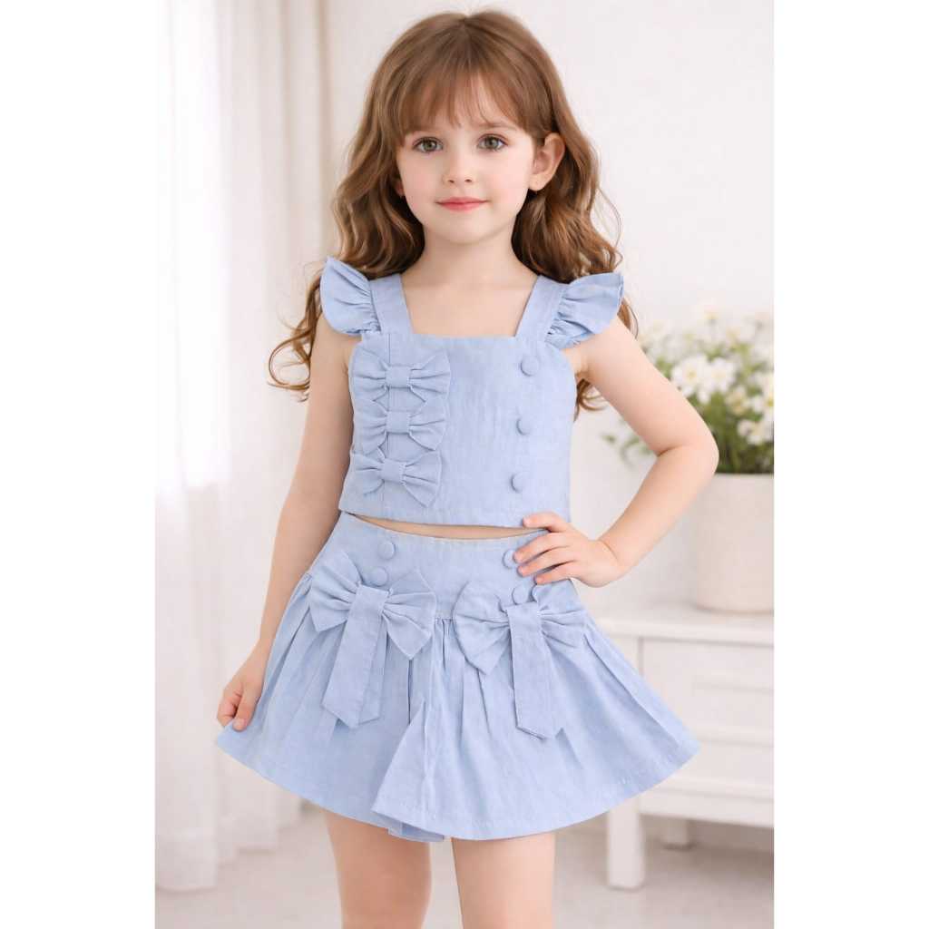 Conjunto Feminino Infantil Short Saia E Cropped alça Franzido com Gravatinha Tecido alfaiataria