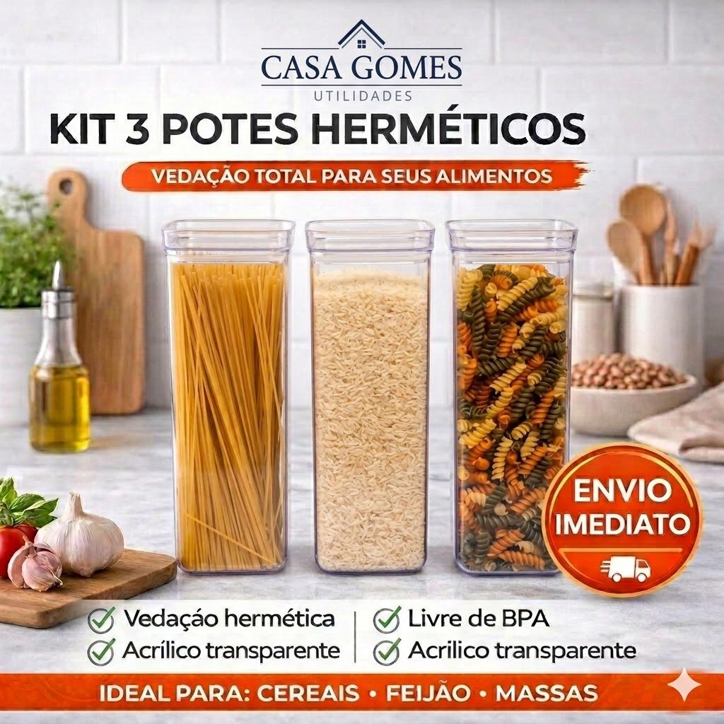 Kit 3 Potes Herméticos 2,2L Transparentes Organizador Porta Mantimento Empilhável BPA Free