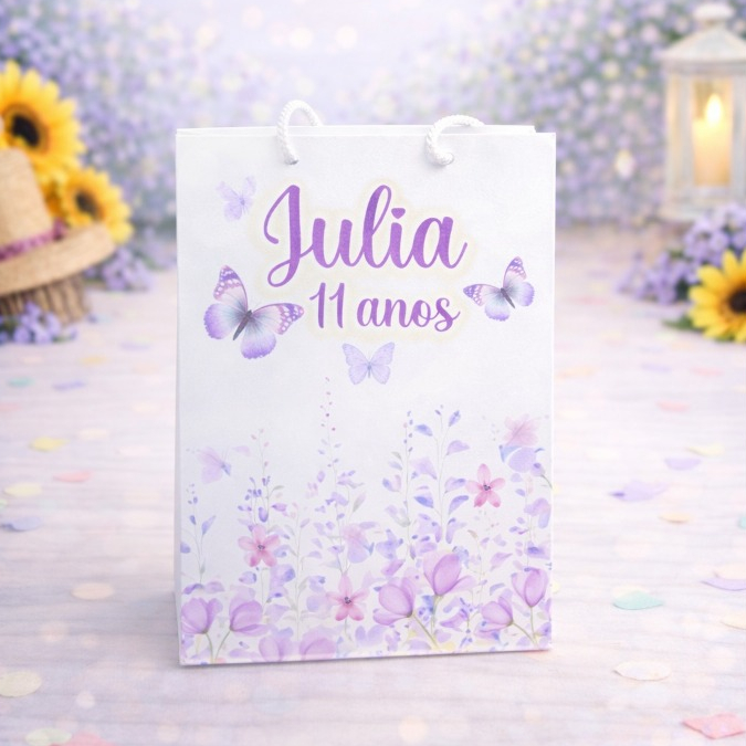 Sacolinha jardim borboletas lilas - jardim encantado - PEGUE E MONTE - Personalizados - Lembrancinhas - kit festa