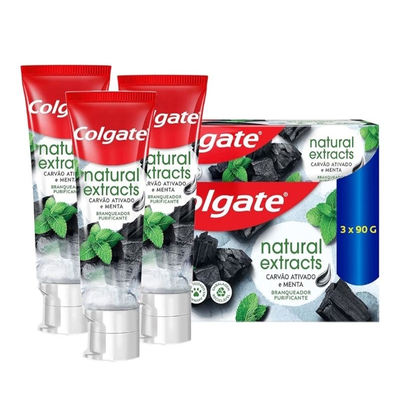 KIT COM 3 Colgate Creme Dental Clareador Natural Extracts Carvão Ativado 90g cada Clareamento Dental
