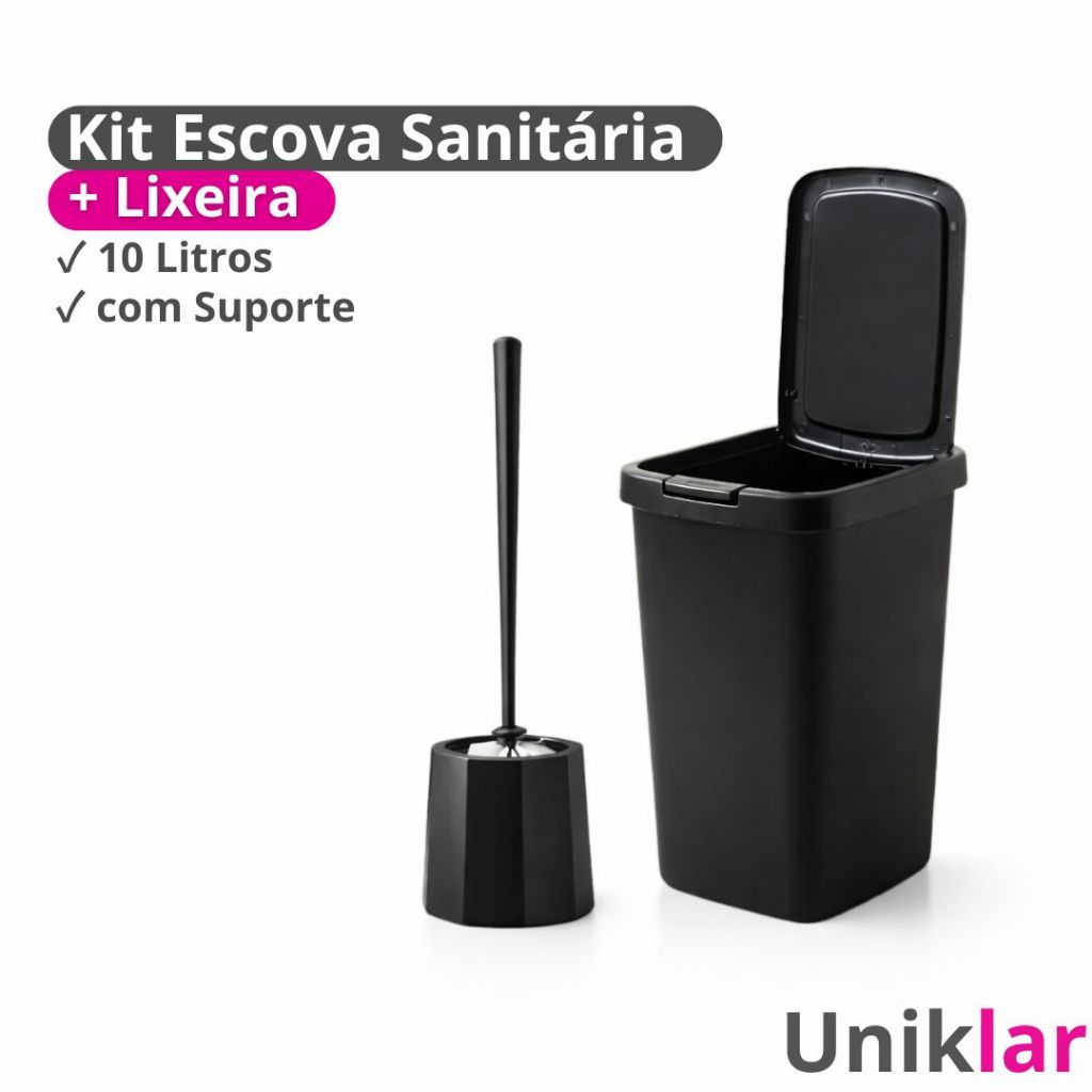 Kit Lixeira 10 Litros Preta Com Tampa Click E Escova Sanitária Com Suporte