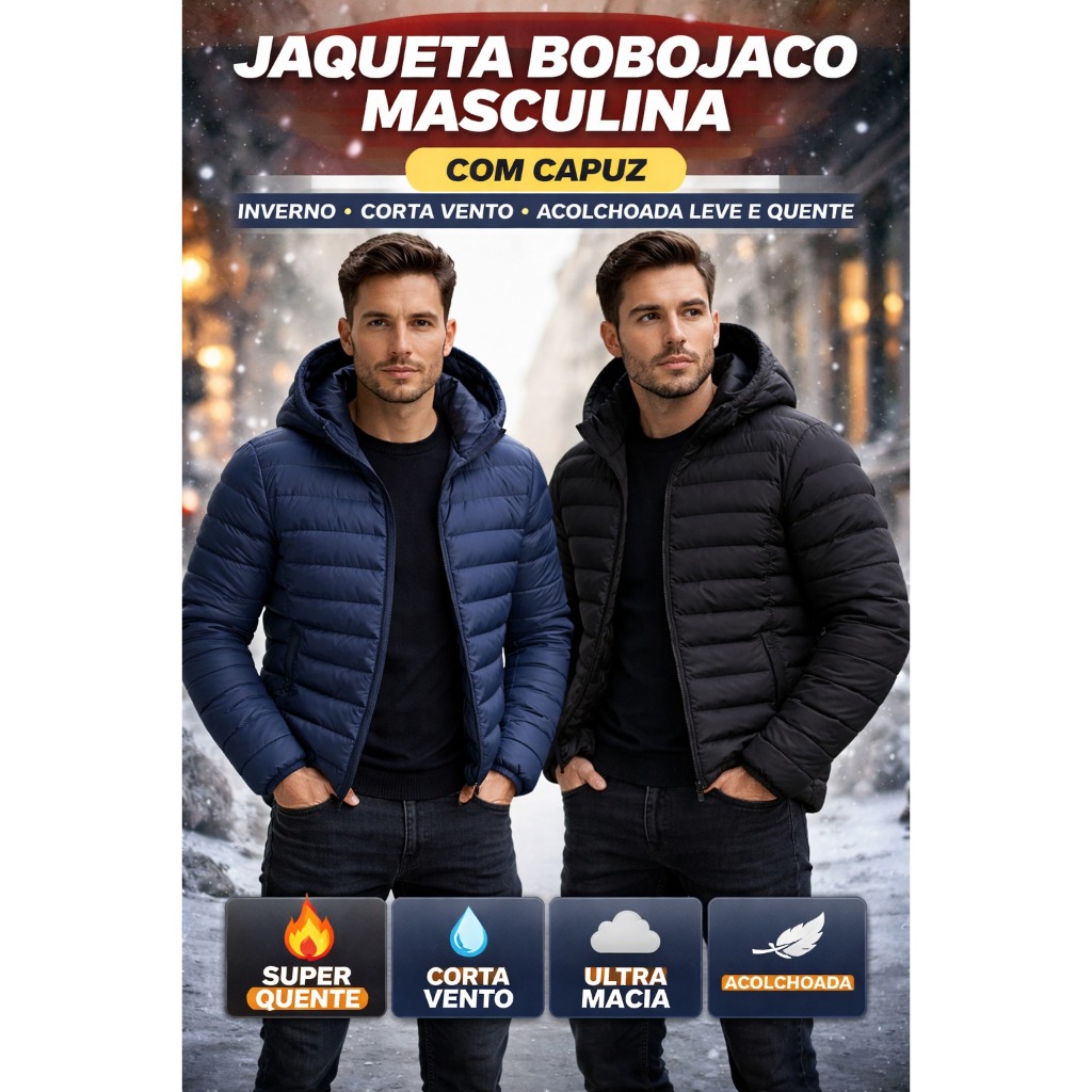 Jaqueta Bobojaco Impermeável Masculina com Capuz Inverno Corta Vento Acolchoada Leve Quente