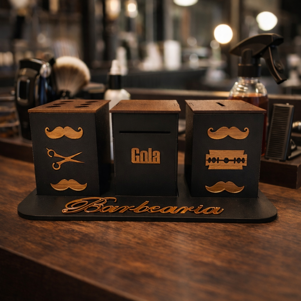 Kit Barbearia MDF Completo Descarte de Lâminas Porta Tesouras Porta Gola Profissional