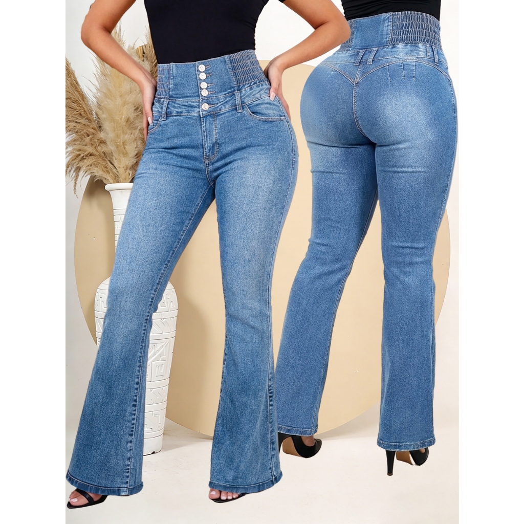 Calça Jeans Feminina Cintura Alta Três Botões Calça Flare Modelagem Empina Bumbum