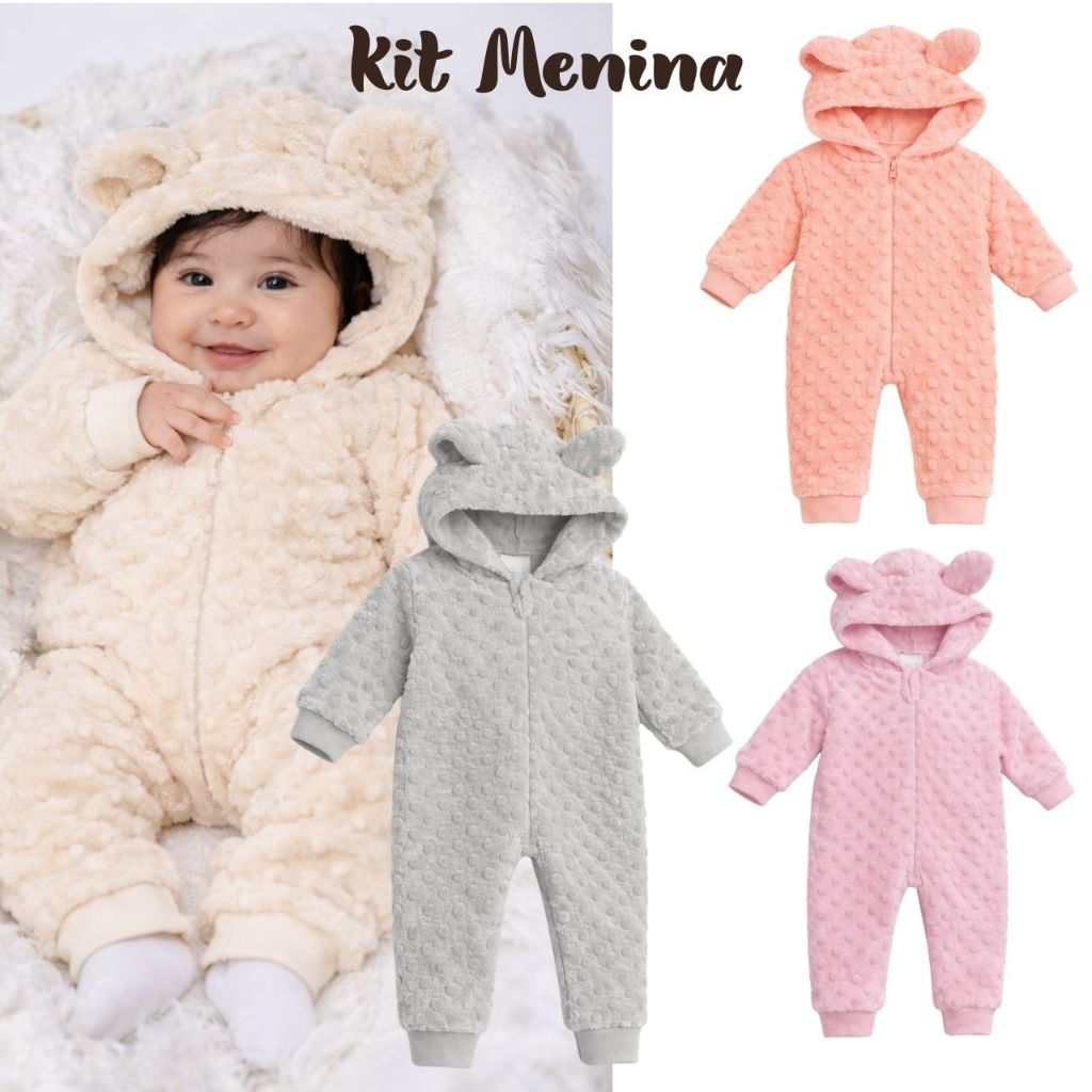 Kit 2 Macacão para bebê  de Inverno Manga Longa Pelucia Soft Wave Bolha Quentinho