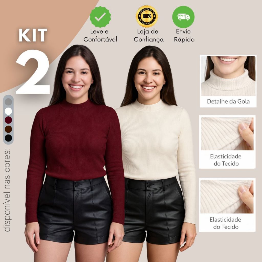 Kit 2 Blusas Feminina Canelada Algodão Cacharrel Camiseta Básica Manga Longa Frio Oferta