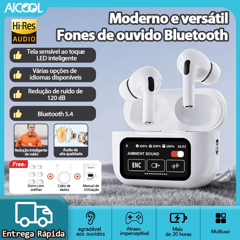AICOOL Fones TWS Bluetooth 5.4 com Tradução IA, Tela Inteligente, Cancelamento Ativo de Ruído e Resistência à Água IPX5