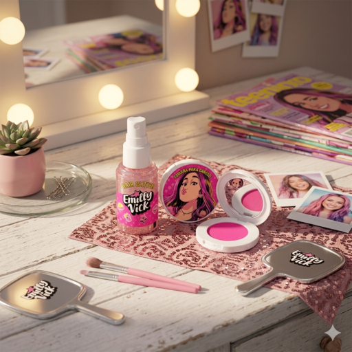Detalhes do Kit Hair Glow Infantil Glitter para Cabelo + Sombra Pinta Mecha Dos Rosa Emilly Vick - Original Brink Model