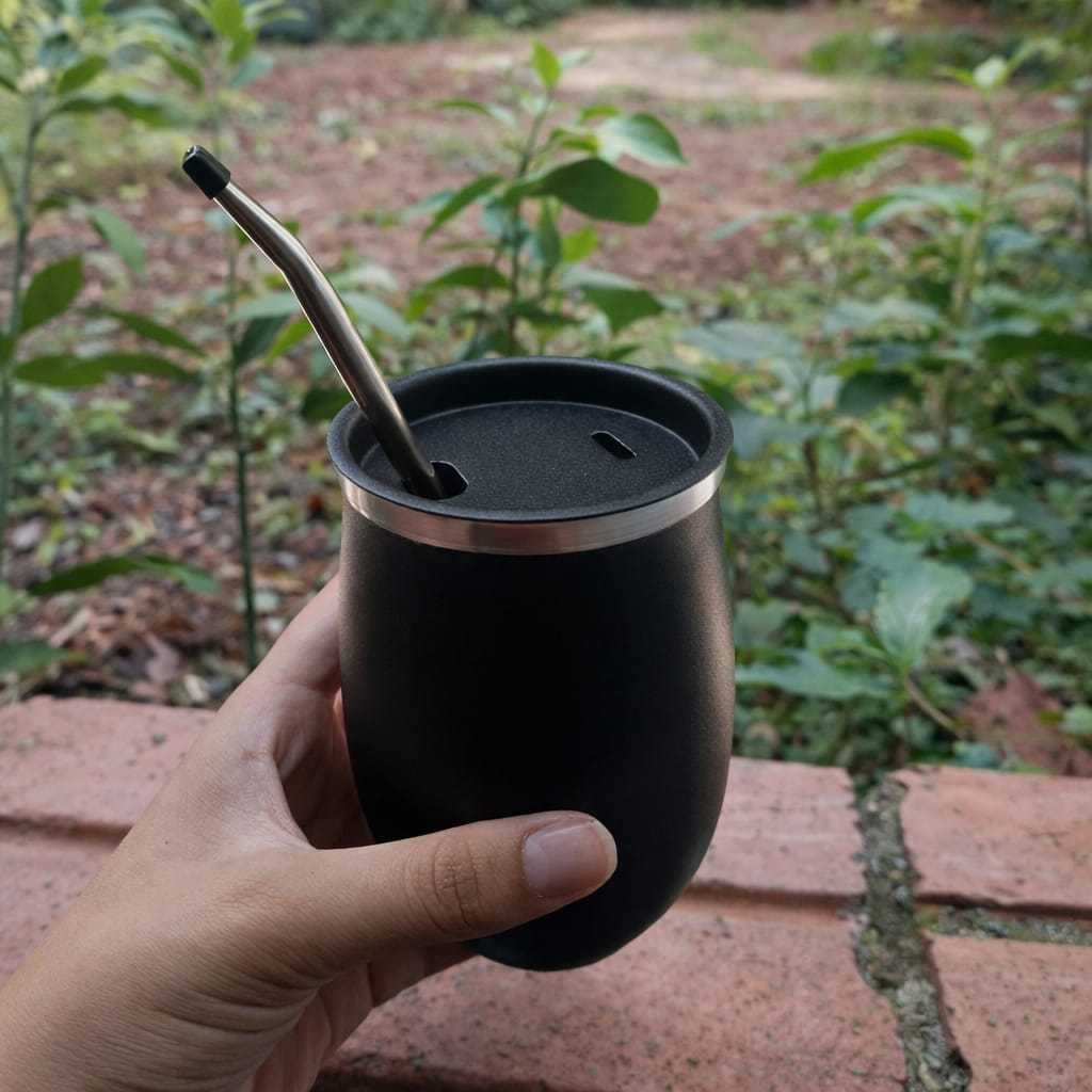 Kit Copo Cuia Termico Tereré Erva Mate Chimarrão Refrigerante Alumínio Com Bomba Inox 400 ml Preto