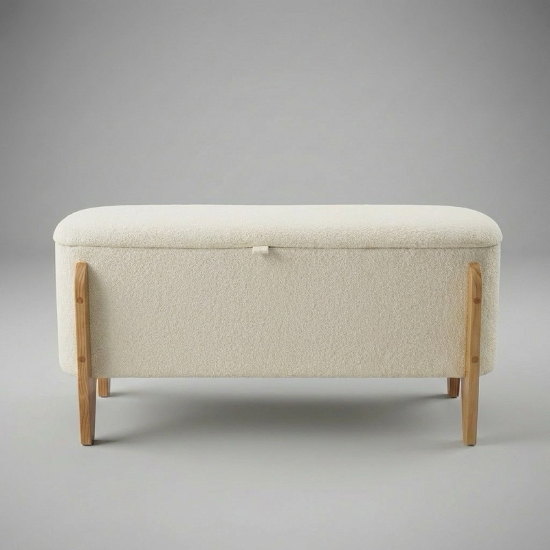 Baú Sapateira Bouclé Recamier 120cm Casal Banco Organizador Elegante Quarto Casal Pés de Madeira LJ