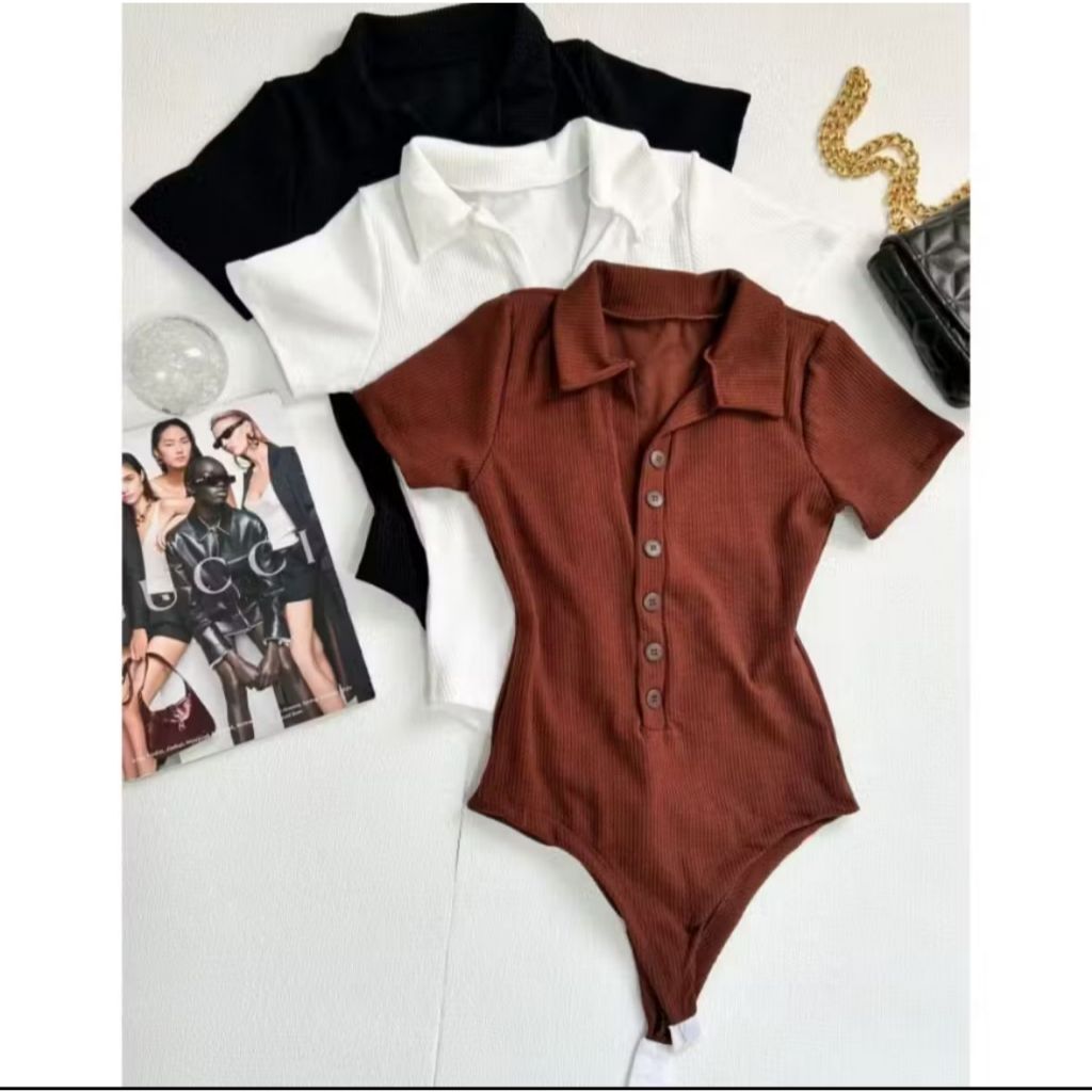 Body Polo Collat Manga Curta Com Botão Canelado Alta Qualidade