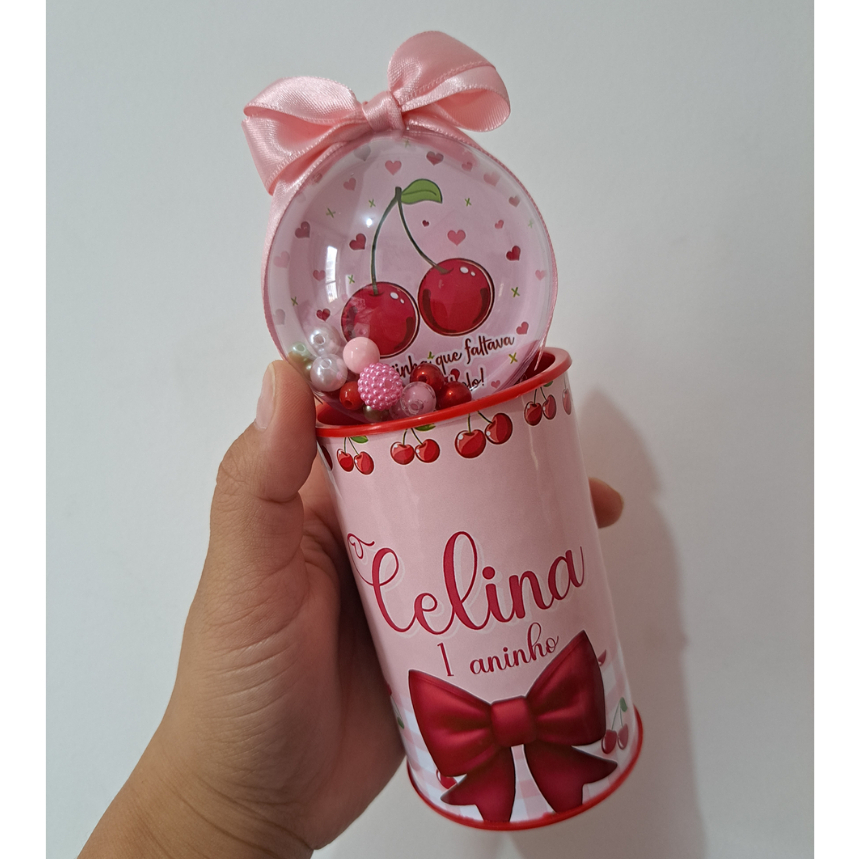 Cofrinho Personalizado Cerejinha + Esfera com Tag + Laço. Lembrancinha de Festa