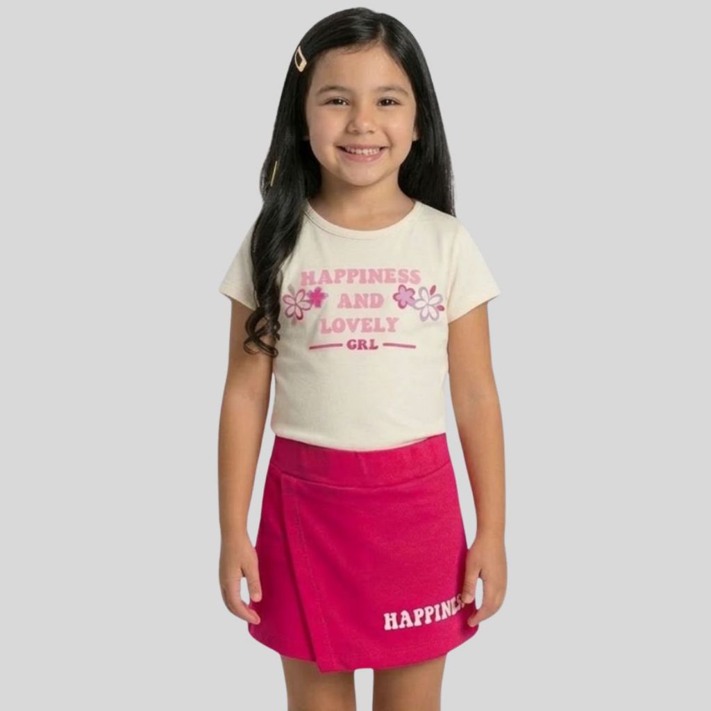 Conjunto Infantil Feminino Verão Menina Blusa Meia Malha Estampada + Shorts Saia Moletinho Confortável Roupa Infantil