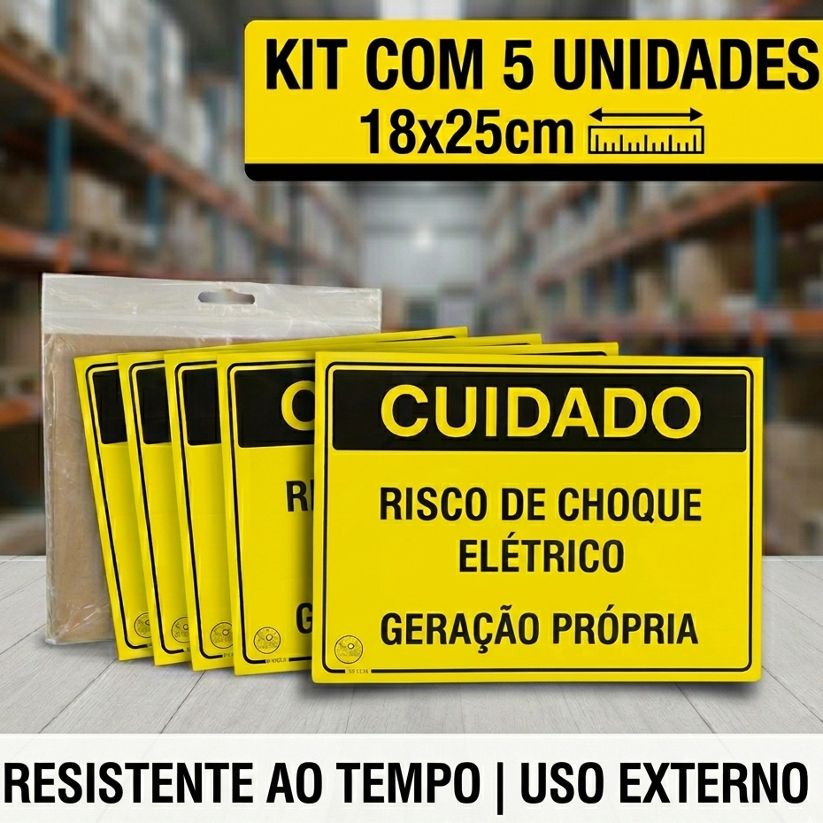 Kit 5 Placas Risco de Choque Elétrico 18x25cm Alta Visibilidade Uso Externo Segurança Cerca Elétrica