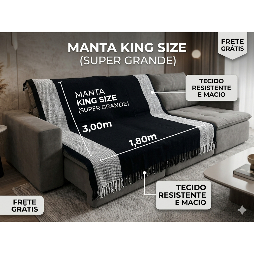Manta 3,00M x 1,80M Sofá King Grande Grossa Decoração Sala Protetora Decorativa Colcha Coberta