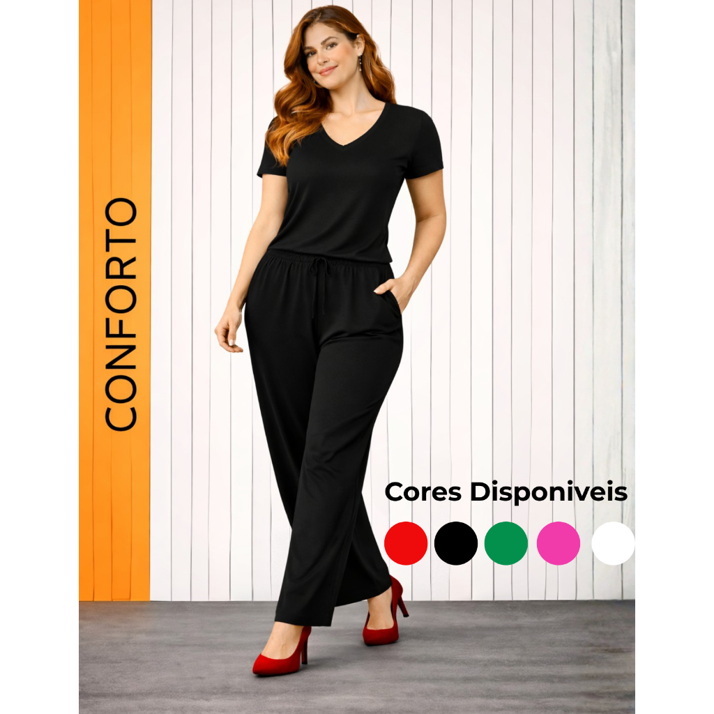 Conjunto Calça E Blusa Pantalona Feminina T-Shirt Gola V Básica Casual Social Escritório Viscolycra em Oferta na Shopee