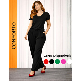 Conjunto Calça E Blusa Pantalona Feminina T-Shirt Gola V Básica Casual Social Escritório Viscolycra em Oferta na Shopee